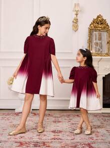 SHEIN 1pc Young Girls Woven Wine Red Round Neck Beaded Puff Sleeve Ruched Gradient Digital Print Dress With Invisible Zipper, Elegant Suitable For Party, Summer
