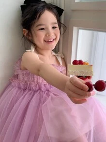 DAZY Young Girls Wide Strap Tie Waist Simple Design Dress,Girls Summer Outfits - Purple - View 2