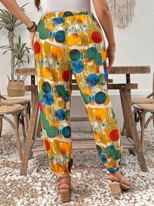 SHEIN LUNE Women's Casual Woven Camo Print Elastic Waist Loose Pocket Pants For Summer, Plus Size