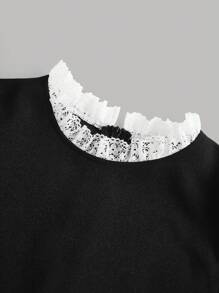 Girlism Vestido mini línea A de niña preadolescente con mangas abullonadas, adorno de encaje negro vintage, vestido elegante, vestido de fiesta, vestido negro pequeño