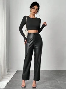 Chiquease 早春休闲修身直筒微喇叭女裤，复古高端仿皮长裤，百搭简约黑色长裤，适合日常穿着 - 黑色 - 查看 3