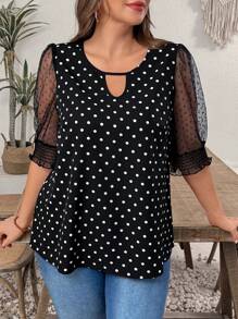 EMERY ROSE 大码女式波点雪纺拼布衬衫，浪漫优雅，春夏