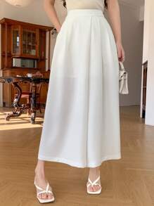 DAZY 女士纯色宽松七分阔腿裤，休闲办公装，夏季 - 白色 - 查看 3