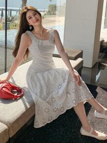 DAZY 女式荷叶边领刺绣中长连衣裙太阳裙