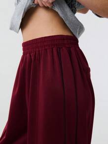 TypaGal Solid Color Wide Leg Sweat Joggers With Contrast Piping - Burgundy - View 3