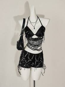 SHEIN ICON Sequin Halter Backless Tie Strap Cami Tank Top And Low Waist Shorts Set - Black - View 3
