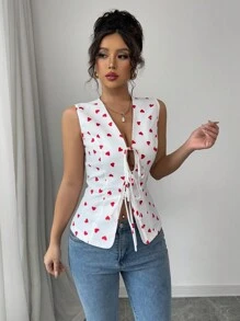 Elenzga Valentine's Day Casual Heart Print Tied Front Camisole
