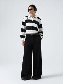 Muchica Button Half Placket Colorblock Tee - Black and White - View 5