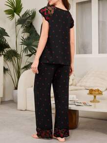 Moonlight&Mama 红色樱桃图案蕾丝拼接樱桃印花孕妇睡衣套装 - 上衣和裤子假日季节