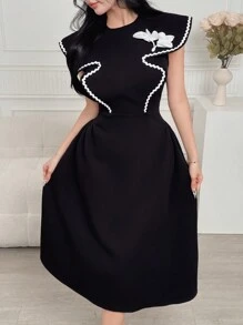 Modelyn Vestido con dobladillo de volantes de patchwork con decoración de flor 3D para mujeres - Negro - Ver 4