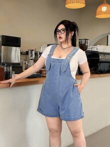 SHEIN EZwear 大码女式可调节扣式牛仔背带短裤