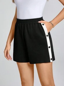 SHEIN LUNE New Summer & Spring Black Slit-Front Outdoor Sports Street Casual Color Block Shorts