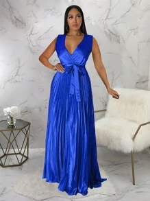 Women's Retro Modest Elegant Solid Color Pleated Hem Dress - Blue - View 4