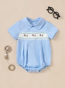 SHEIN Baby Boy Spring Summer  Simple Fashion Casual EverydayBlue Short Sleeve Small Lapel Dachshund Exquisite Embroidered Pattern Cute Baby Boy Bodysuit - Blue - View 1