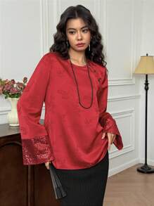 EastFlair 提花印花缎面拼布亮片优雅中式上衣 - 紅色 - 查看 4