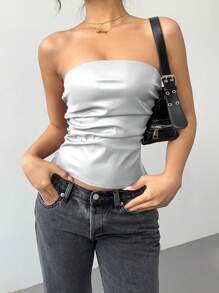 SHEIN Essnce Women's Solid Leather Tops Fashionable Pleated Asymmetric Hem Bandeau Tops For Going Out And Party Tops, Music Festival/Concert Outfits For Women - Silver - View 7