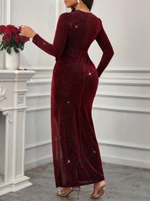 SHEIN Lady 女士立体印花连衣裙，优雅浪漫派对礼服，开衩下摆连衣裙