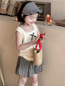 DAZY 2pcs/Set Young Girl Bow Decor Textured Tank Top And Plaid Shorts,Girls Summer Outfits - Black and White - View 3