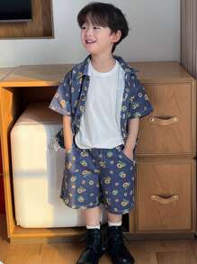 DAZY Young Boy Denim Outfit Floral - Medium Wash - View 3