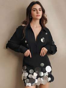 Anewsta Handmade Silver Sequin Embellished Versatile Chiffon Blouse, Spring Outfits For Women - Black - View 5