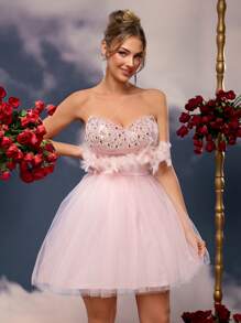 SHEIN Belle Elegant, Romantic, Dignified, Youthful Vitality, Spring And Summer, Light Pink, Mesh, Sequined Stitching Tube Dress, Fishbone Waist Graduation Dress, Concert Dress, Vacation Dress, Cute Summer, Prom Dress, Wedding Guest Dress (Feather Decoration), Party Dress,Graduation,Graduation Dresses For Women,Back To School Dress