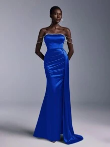 Elitara 优雅露肩串珠领口和袖子，泡泡下摆，侧褶，高开叉，女士美人鱼晚礼服（重磅款式）正式舞会婚礼宾客礼服，适合毕业典礼、晚宴 - 寶藍色 - 查看 6