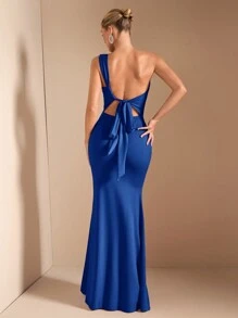 SHEIN BAE 不对称领口露肩宽松连衣裙，配拖尾围巾，优雅大方，适合日常约会、郊游、夜店、派对、秋季、圣诞节 - 寶藍色 - 查看 5