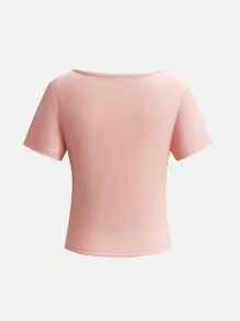 SHEIN Juego de 2 piezas: Pantalón campana de efecto denim con lazo elegante + Camiseta de manga corta ajustada con encaje para adolescentes, lazo rosa