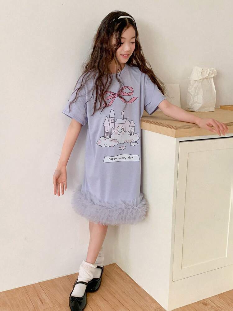 Tween Girls Slogan Print Round Neck Short Sleeve Knitted Dress, Summer