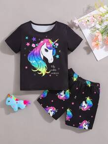 Young Girl 2pcs Unicorn Luminous Print Pajama Set, Short Sleeve T-Shirt & Shorts, Summer Spring, Black Base