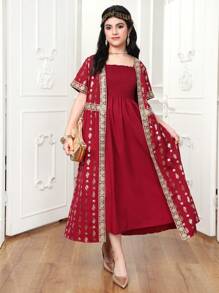 2 件青少年女孩休闲简约短袖夹克和连衣裙套装，日常穿着 - 黑色 - 查看 6