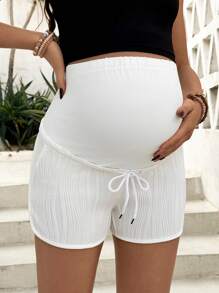 SHEIN Maternity Adjustable Waist Solid Texture Casual Shorts - White - View 4