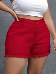 SHEIN Essnce Plus Size Denim Shorts, Casual & Fashionable For Everyday Wear - Red - View 3