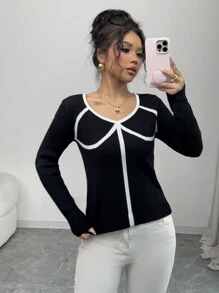 Chiquease Suéter de mujer de cuello en V de color contrastante de manga larga, suéter de punto de otoño/invierno