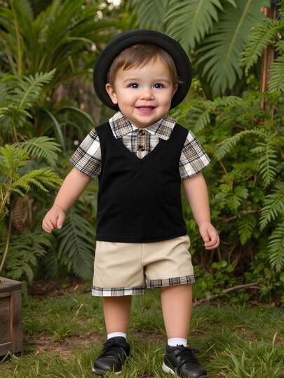 Infant Baby Boy/Girl Summer 2Pcs Outfit Set: Gentleman Style Striped Shirt Collar Mock Layer Tee & Plaid Splice Shorts, Casual Soft Fabric Suit For Holiday, Travel, School, Daily Party, Sports, Spring/Summer
