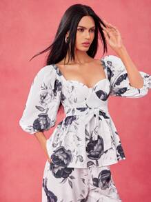 Oxana 设计师女士黑白花卉印花泡泡袖上衣搭配紧身胸衣杯优雅衬衫，节日 - 彩色 - 查看 5