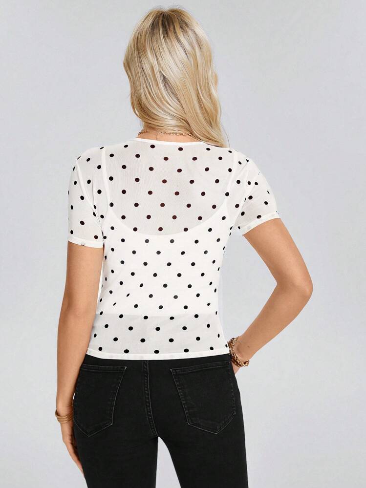 SHEIN LUNE Camiseta de mujer de manga corta con cuello redondo y estampado de lunares en malla, para el verano - Blanco - Añade 6