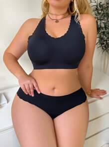 2 件套大码女式纯色无袖蕾丝边上衣和内衣套装 - 黑色 - 查看 4