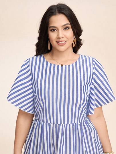 SHEIN LUNE Plus Size Casual Blue And White Striped Dress Boho/Bohemian,Holiday Outfits,Resort Dresses, Outdoor Essential For Daily Wear Sundress High Quality Linen Fabric