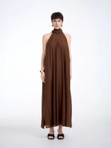 Aalyst Vestito lungo da donna con tasche, stile monocolore, con scollo a canottiera, adatto per la primavera/estate - Caffè Marrone - Visualizzare 3