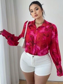Elenzga Plus Size Women Batik Print Long Sleeve Single-Breasted Fashion Shirt Fall Cloth For Women - Hot Pink - View 4