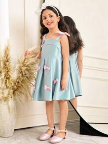 SHEIN Leap Crew Vestido de satén de unicolor con pliegues, vuelo y decoración de lazo 3D elegante y lujoso para niñas, apropiado para bodas, fiestas y eventos de primavera/verano - Azul - Ver 4