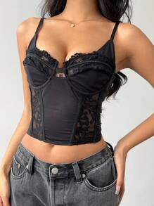 Aloruh 女士黑色性感吊带背心蕾丝拼接胸罩杯紧身鱼骨衬里背心 - 黑色 - 查看 5