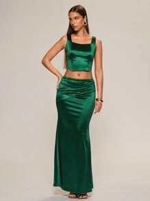 Glamine Nuevo conjunto de 2 piezas para mujer con parte superior de satén de tirantes sin mangas corta y falda de sirena con abertura lateral y cintura baja, elegante y delgado tejido, apto para las cuatro estaciones, color verde oscuro