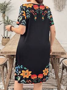 EMERY ROSE Plus Size Women Floral Print Patchwork Round Neck Short Sleeve Casual A-Line Mini Dress For Summer