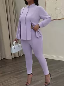 Maweii 2 pièces/set Blouse avec boutons et legging skinny taille haute pour femmes grande taille - Parme - Voir 1