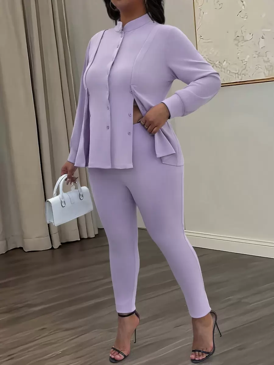 Maweii 2 pièces/set Blouse avec boutons et legging skinny taille haute pour femmes grande taille - Parme - Voir 1