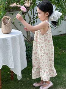 DAZY 少女碎花印花无袖睡裙，夏季假期复活节 - 米色 - 查看 7