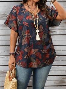 EMERY ROSE Camisa casual de manga de murciélago con estampado de plantas para talla grande, conjunto de ropa de primavera para mujer, ropa de mujer de estilo occidental, ropa de mujer para vacaciones tropicales