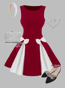 SHEIN Girlism Vestido elegante mini para fiesta y Día de San Valentín con decoración de lazo en tono bicolor para adolescentes - Rojo - Ver 1